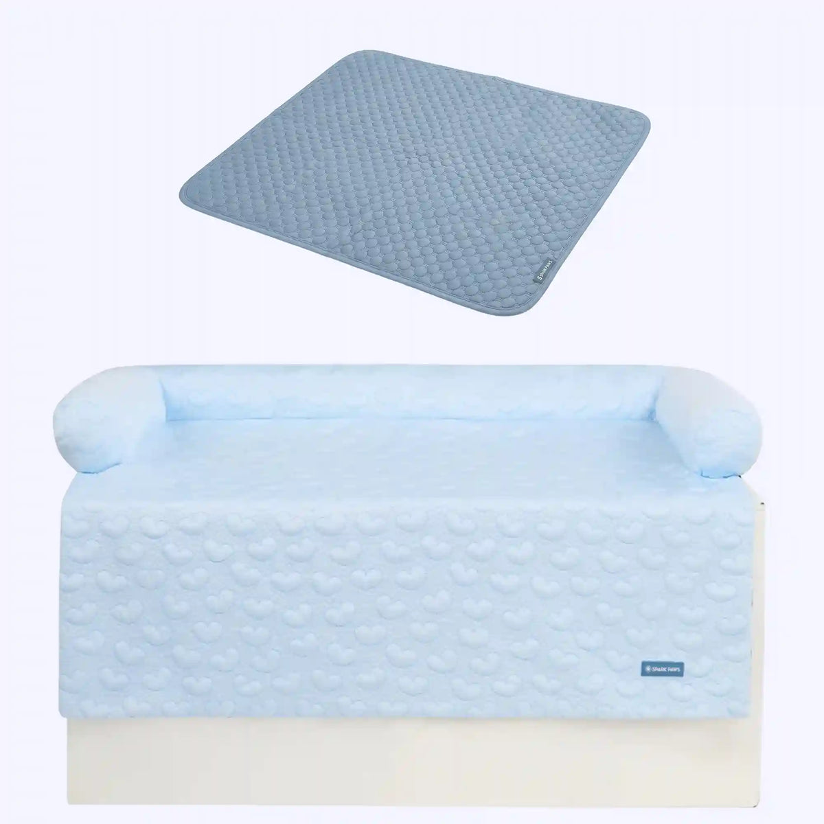 Frostcore™ Cooling Couch Cover Dog Bed and Cooling Mat Set - Hearts Blue Ash Blue